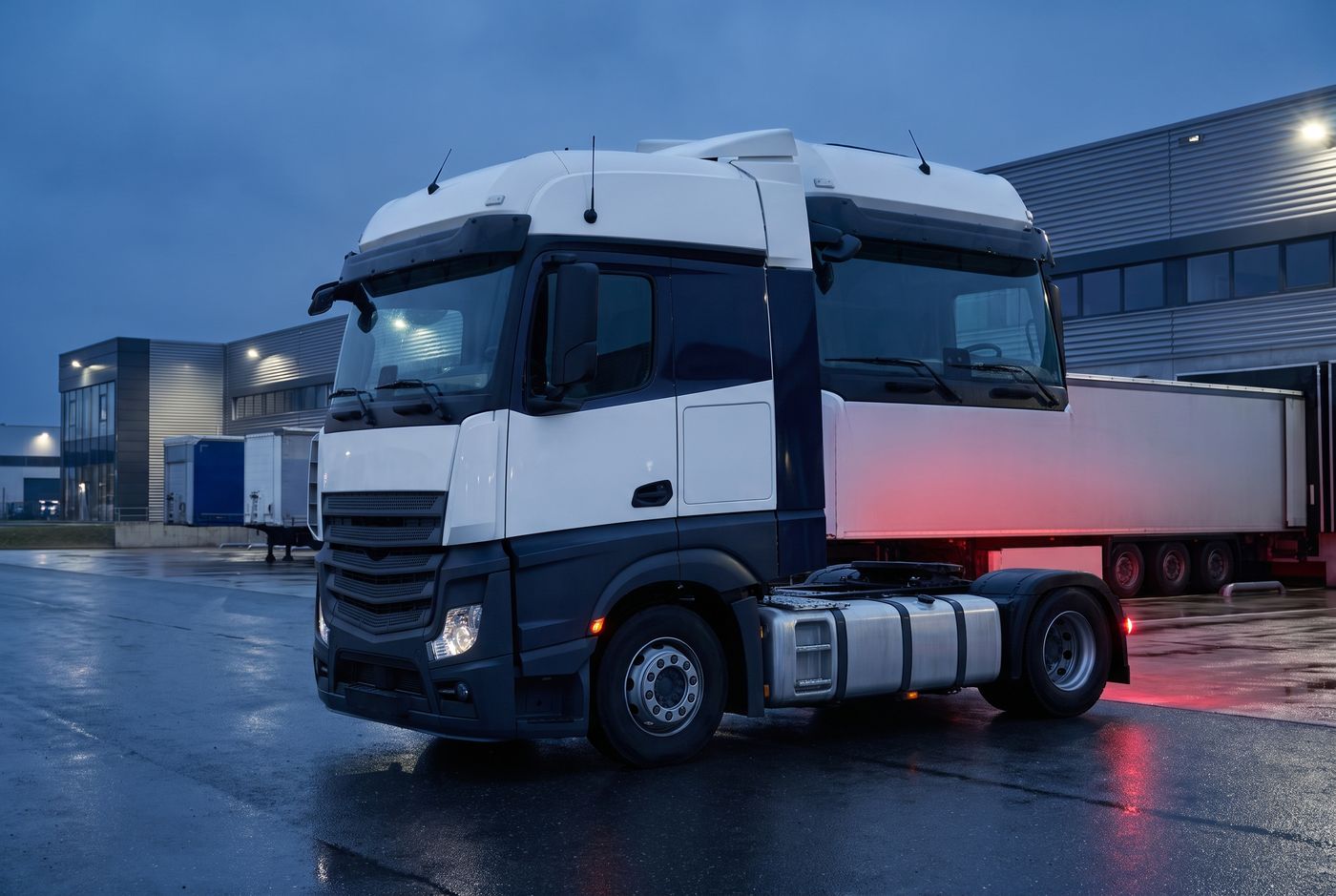 Biało-granatowy ciągnik siodłowy bez oznaczeń na terminalu logistycznym o zmierzchu